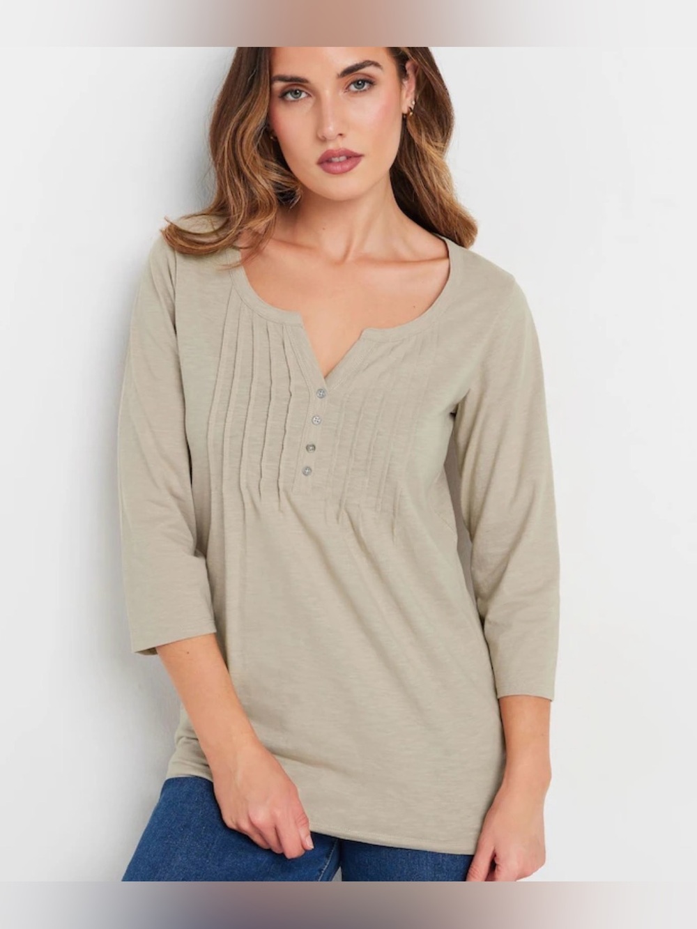 Long Tall Sally Natural Brown Henley 100% Cotton Top Size 12 - C45-042